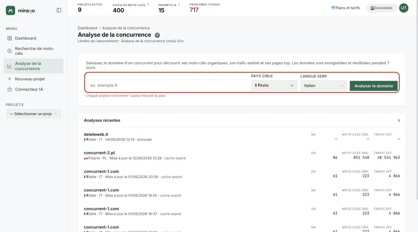 La page Analyse de la concurrence : le champ pour le domaine, Pays cible, Langue SERP et le bouton Analyser le domaine mis en valeur ; en dessous, la liste Analyses récentes avec le DA, les mots-clés organiques et le trafic estimé par ligne