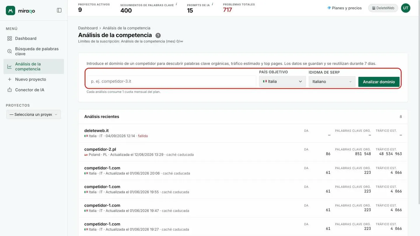 La página Análisis de la competencia: campo para el dominio, País objetivo, Idioma de búsqueda y el botón Analizar dominio resaltado; debajo, la lista Análisis recientes con DA, keywords orgánicas y tráfico estimado por fila