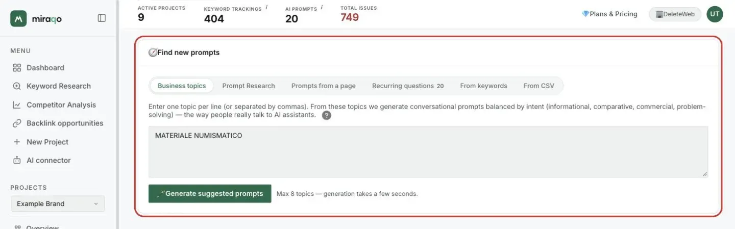 The Find new prompts card, highlighted, with the Business topics tab open: the textarea with one topic per line and the Generate suggested prompts button