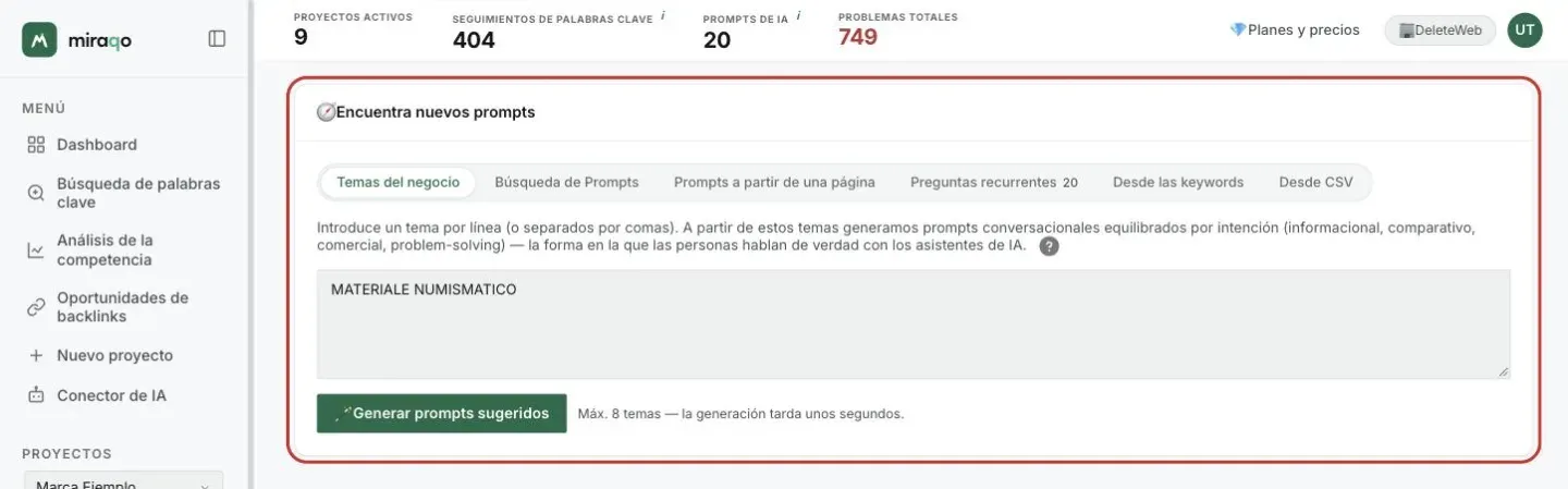 La tarjeta Encuentra nuevos prompts resaltada, pestaña Temas del negocio abierta: el área de texto con un tema por línea y el botón Generar prompts sugeridos
