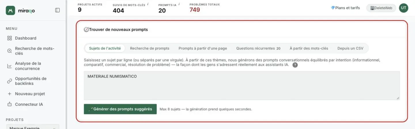 La carte Trouver de nouveaux prompts mise en valeur, onglet Sujets de l’activité ouvert : la zone de texte avec un sujet par ligne et le bouton Générer des prompts suggérés