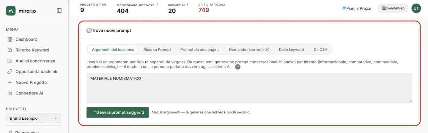 La card Trova nuovi prompt evidenziata, scheda Argomenti del business aperta: la textarea con un argomento per riga e il pulsante Genera prompt suggeriti