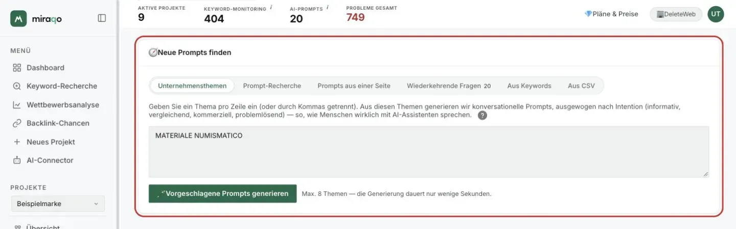 Die hervorgehobene Karte Neue Prompts finden, Tab Unternehmensthemen geöffnet: das Textfeld mit einem Thema pro Zeile und der Button Vorgeschlagene Prompts generieren