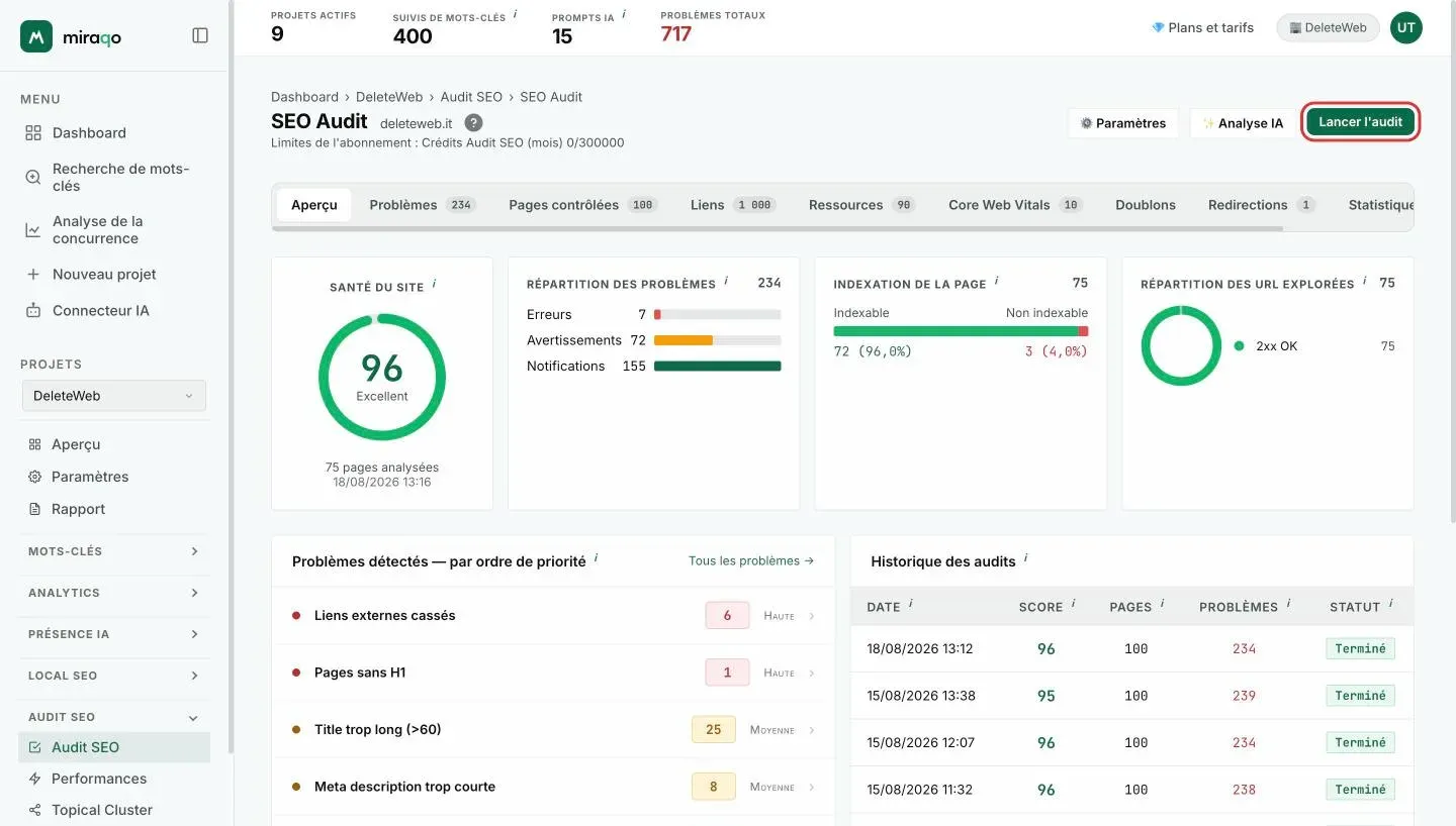 La page Audit SEO du projet avec le bouton Lancer l’audit mis en valeur en haut à droite