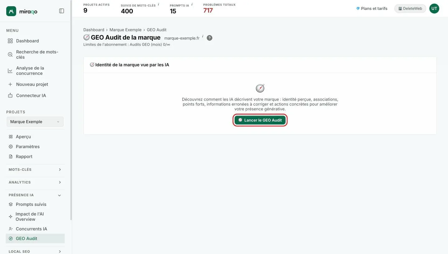 La page GEO Audit de marque avant le premier audit : la carte Identité de la marque vue par les IA avec l’explication et le bouton Lancer le GEO Audit mis en évidence ; sous le titre, le compteur des audits du mois