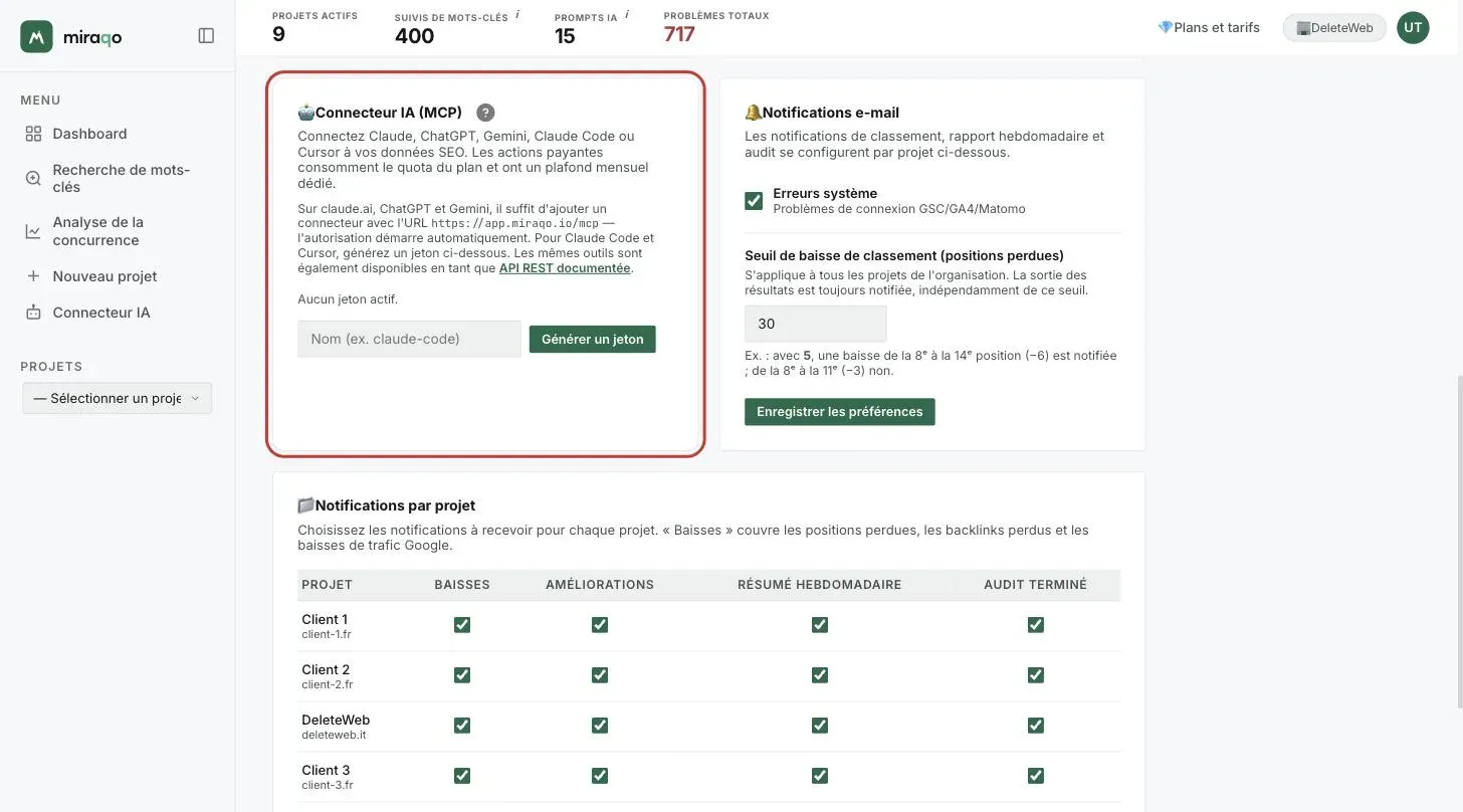 La carte Connecteur IA (MCP) dans les Paramètres du compte, depuis laquelle on connecte l’assistant : adresse du connecteur, lien vers l’API REST et génération du token pour Claude Code et Cursor