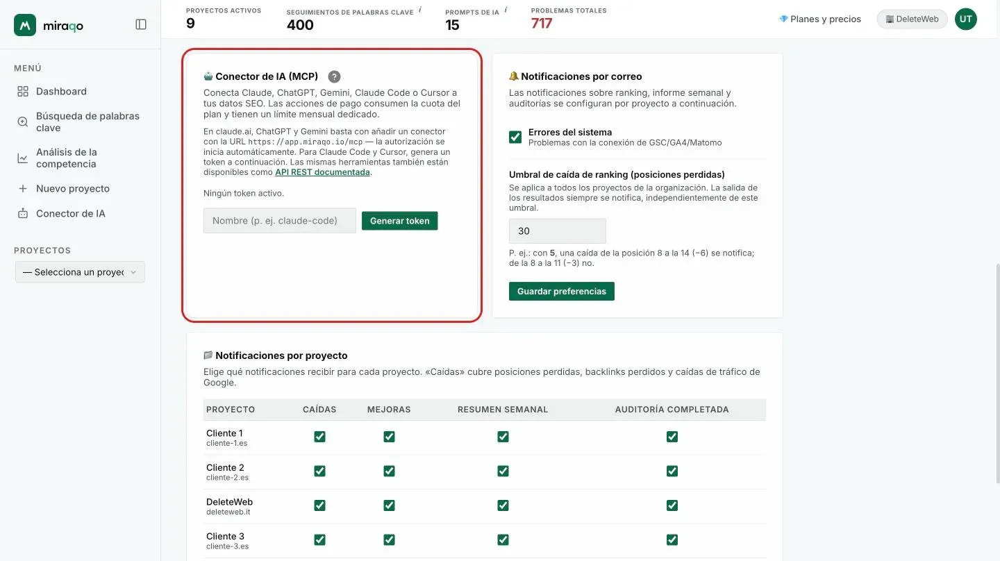La tarjeta Conector de IA (MCP) en la Configuración de la cuenta, desde donde se conecta el asistente: dirección del conector, enlace a la API REST y generación del token para Claude Code y Cursor