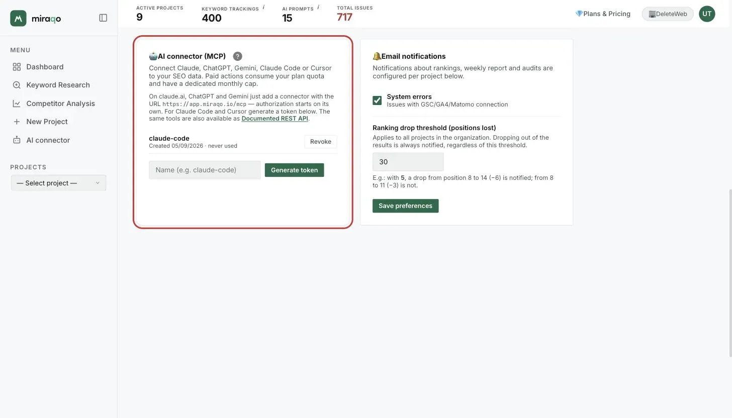 The AI connector (MCP) card in Account settings, used to connect the assistant: the connector address, the link to the REST API and token generation for Claude Code and Cursor