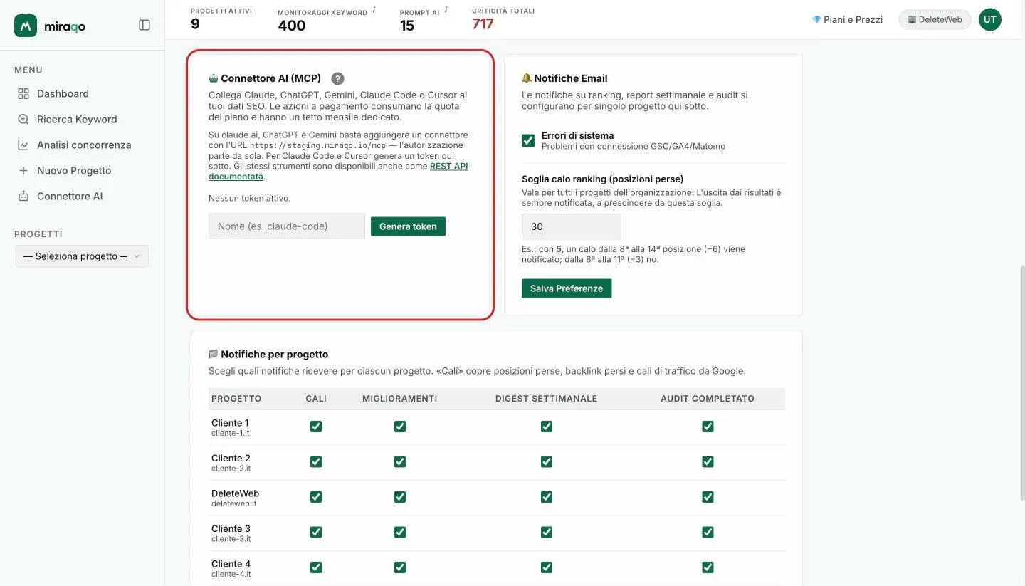 La card Connettore AI (MCP) nelle Impostazioni Account, da cui si collega l’assistente: indirizzo del connettore, link alla REST API e generazione del token per Claude Code e Cursor