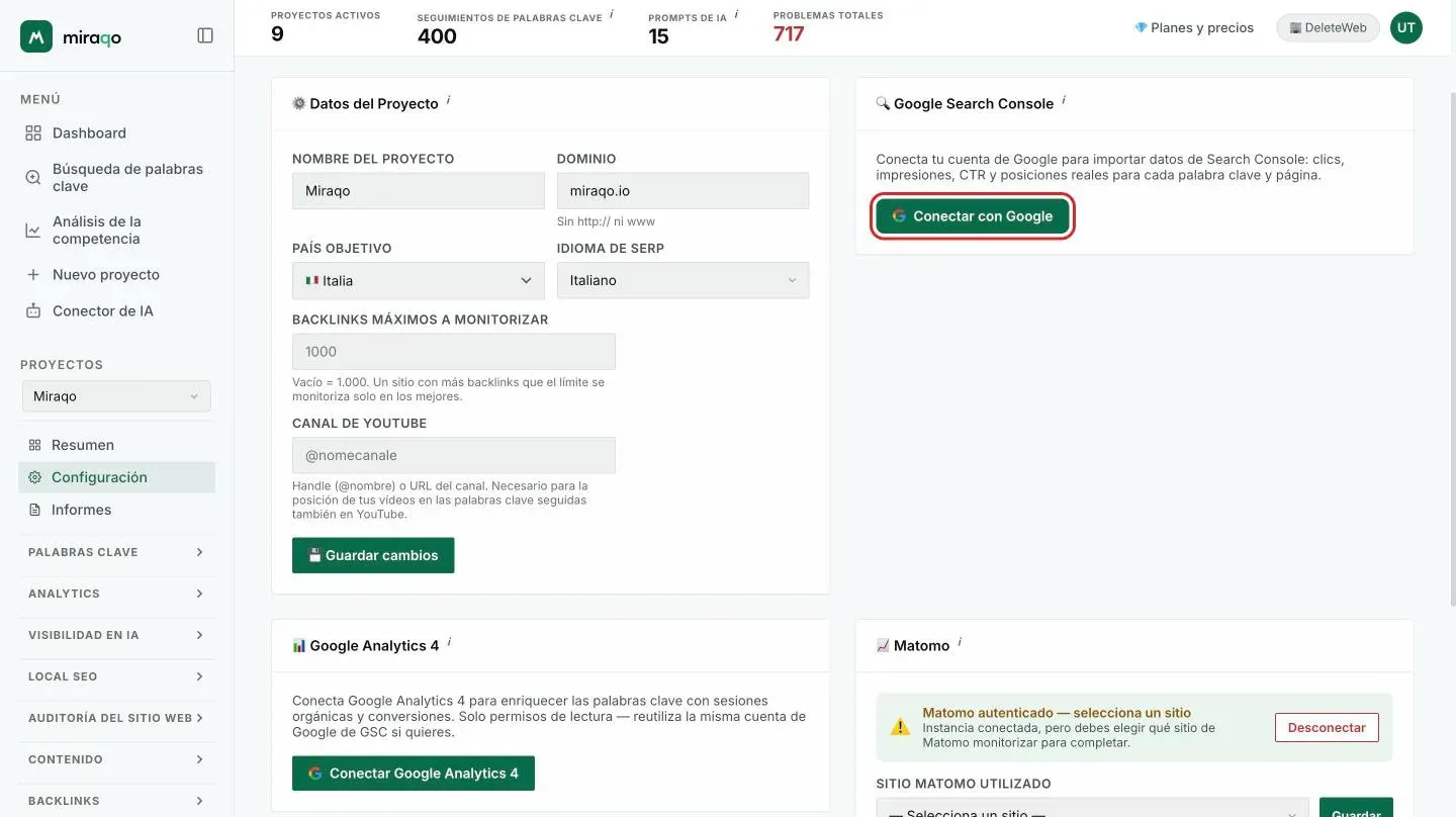 La tarjeta Google Search Console en Configuración → General, antes de conectar, con el botón Conectar con Google resaltado
