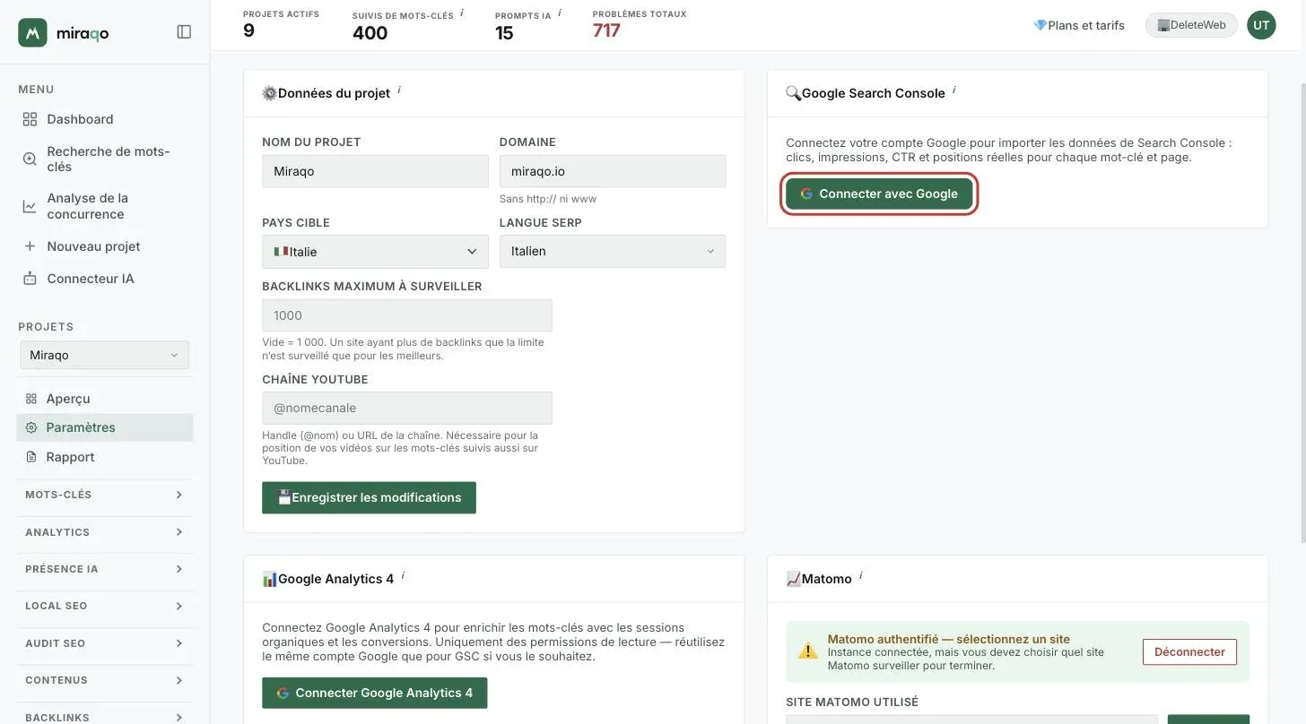 La carte Google Search Console dans Paramètres → Général, avant la connexion, avec le bouton Se connecter avec Google mis en évidence