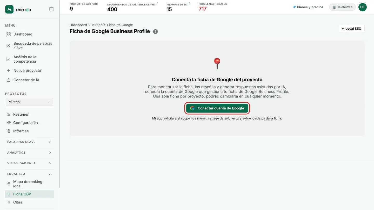 La página Ficha de Google Business Profile antes de conectar: estado vacío «Conecta el perfil de Google del proyecto» con el botón Conectar cuenta de Google resaltado