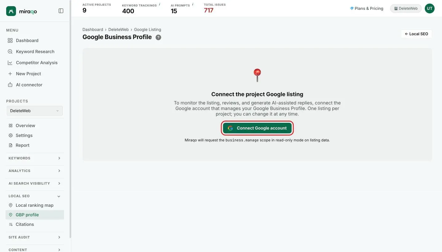 The Google Business Profile page before connecting: the empty state ‘Connect the project Google listing’ with the highlighted Connect Google account button