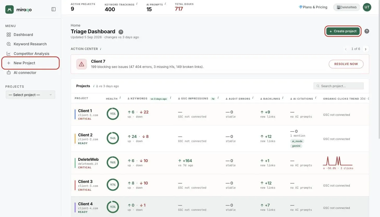 The Dashboard with the two places to create a project highlighted: the Create project button in the top right and the New Project item in the sidebar