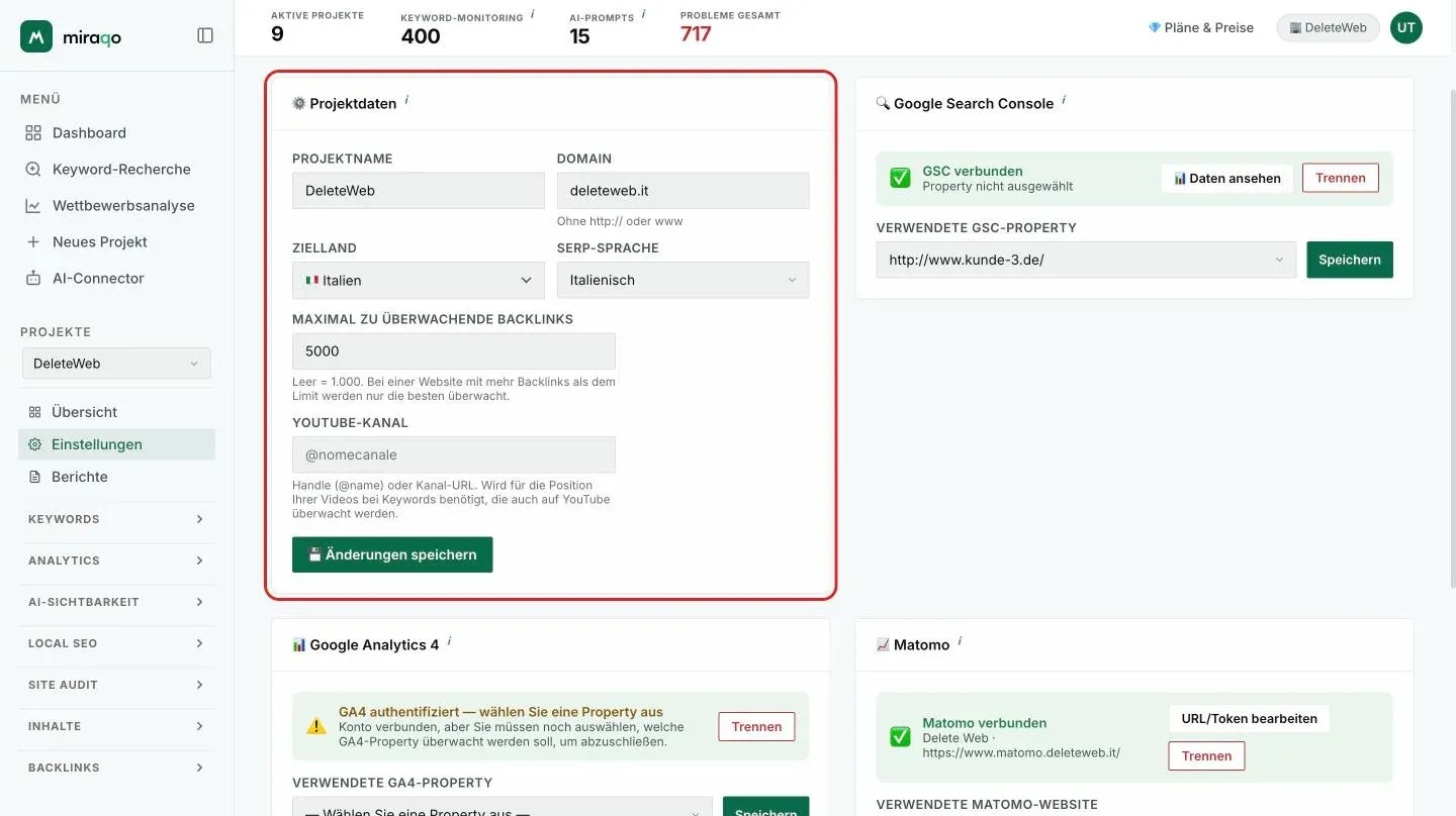 Der Tab Allgemein mit der hervorgehobenen Karte Projektdaten: Projektname, Domain, Zielland, SERP-Sprache, Maximal zu überwachende Backlinks mit der verbleibenden Quote, YouTube-Kanal und der Button Änderungen speichern; rechts die Karte Google Search Console mit Mit Google verbinden