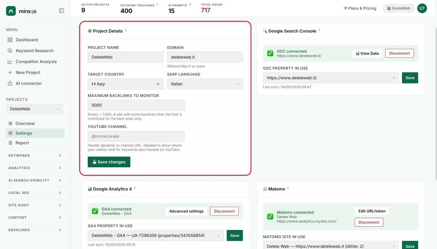 The General tab with the Project Details card, highlighted: Project name, Domain, Target country, SERP language, Maximum backlinks to monitor with the remaining quota, YouTube channel and the Save Changes button; on the right, the Google Search Console card with Connect with Google