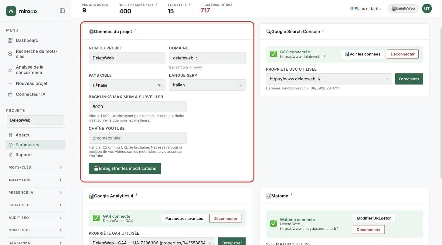 L’onglet Général avec la carte Données du projet mise en évidence : Nom du projet, Domaine, Pays cible, Langue SERP, Backlinks maximum à surveiller avec le quota restant, Chaîne YouTube et le bouton Enregistrer les modifications ; à droite la carte Google Search Console avec Connecter avec Google