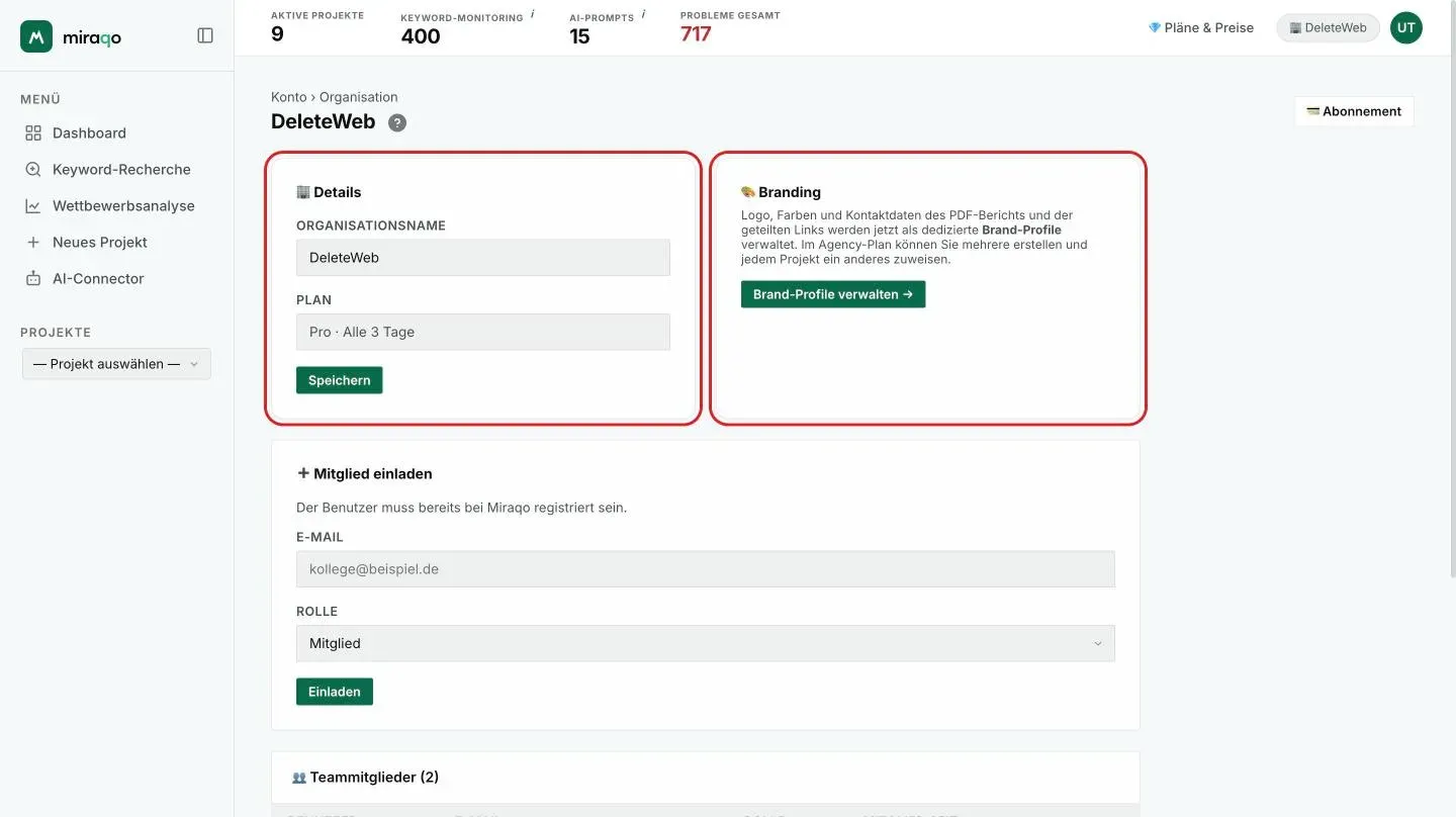 Die Seite Organisation: die Karte Details mit dem Namen der Organisation, Plan und Speichern, die Karte Branding mit Brand Profile verwalten und, darunter, das Formular Mitglied einladen