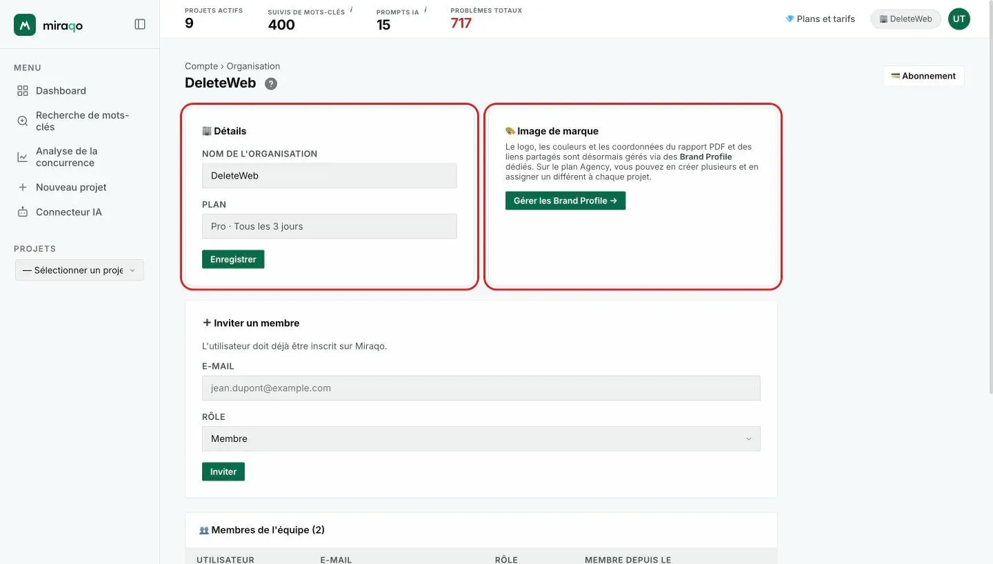 La page Organisation : la carte « Détails » avec le nom de l’organisation, le plan et Enregistrer, la carte Branding avec Gérer le Brand Profile et, en dessous, le formulaire « Inviter un membre »
