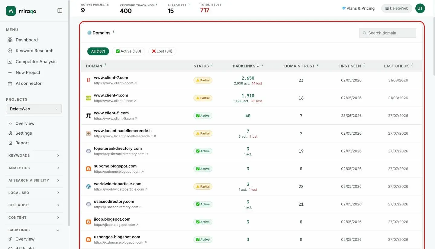 The Referring Domains page: the three stat cards Total, Active and Lost, the highlighted All, Active and Lost chip row with the domain search, and the table with domain, status, backlinks, Domain Trust and the first-seen and last-verified dates