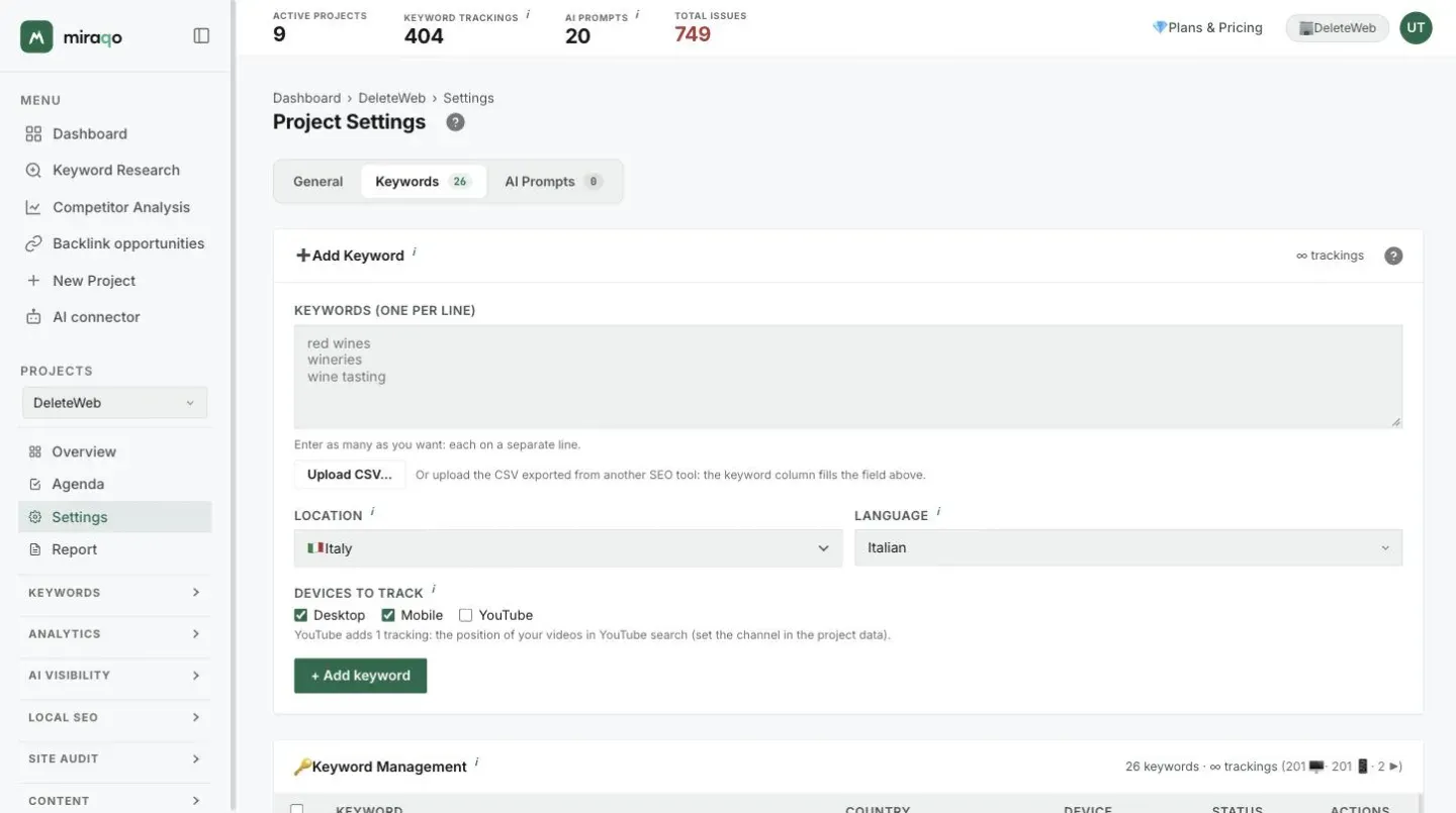 The Keywords tab with the Add Keyword form: the textarea with one keyword per line, the Upload CSV… button, Country and Language, the devices to track and the confirm button