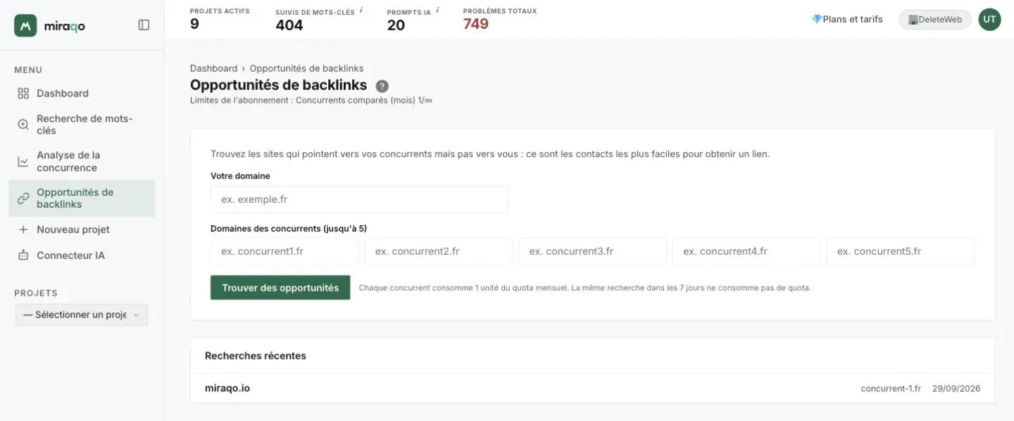 La page Opportunités de backlinks : le champ Votre domaine, les cinq champs des domaines des concurrents, le bouton Trouver des opportunités avec la note sur le quota et, dessous, la carte Recherches récentes