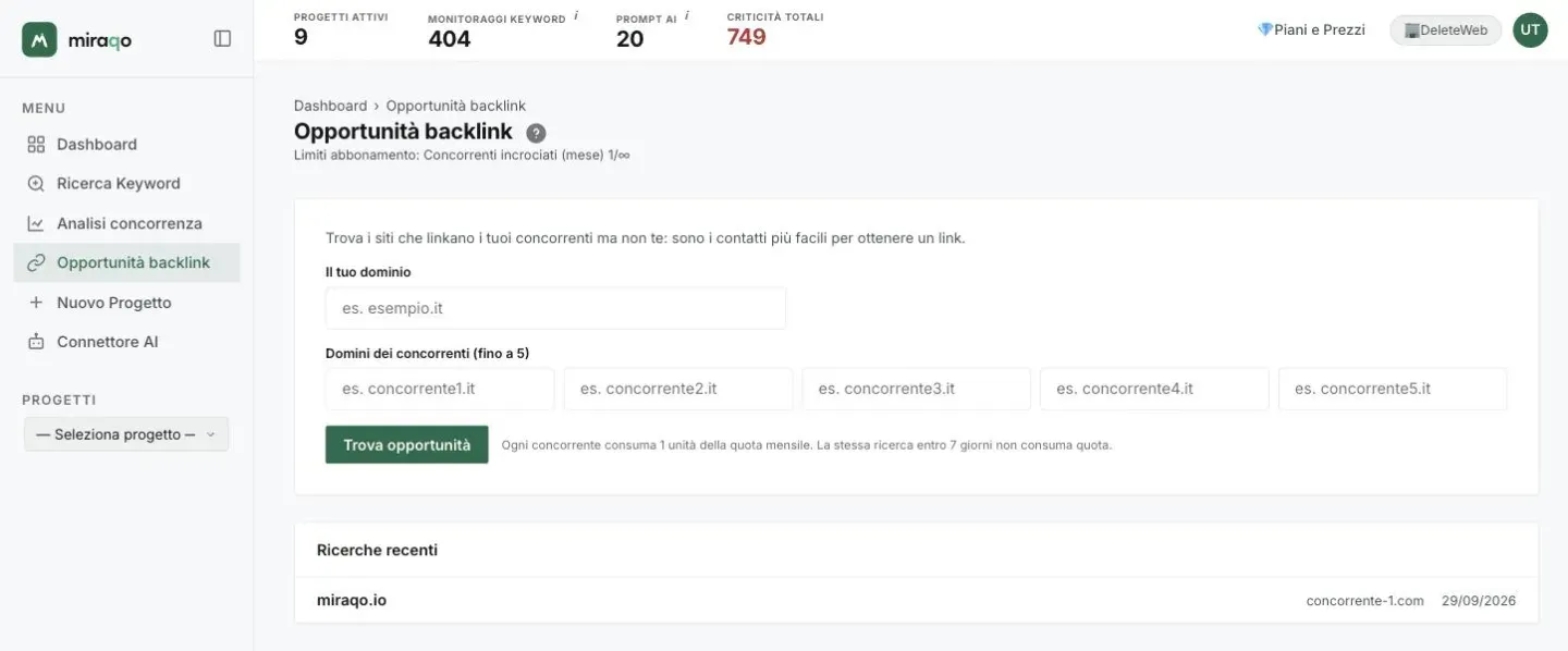 La pagina Opportunità backlink: il campo Il tuo dominio, i cinque campi dei domini dei concorrenti, il pulsante Trova opportunità con la nota sulla quota e sotto la card Ricerche recenti