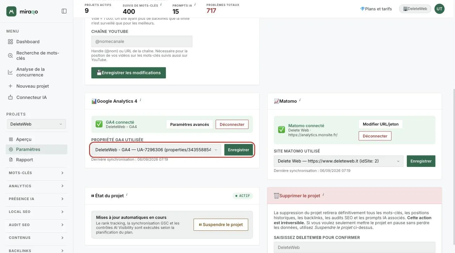 Les cartes Google Analytics 4 et Matomo après l’authentification, en attente du choix : la liste déroulante Propriété GA4 utilisée avec le bouton Enregistrer est mise en évidence