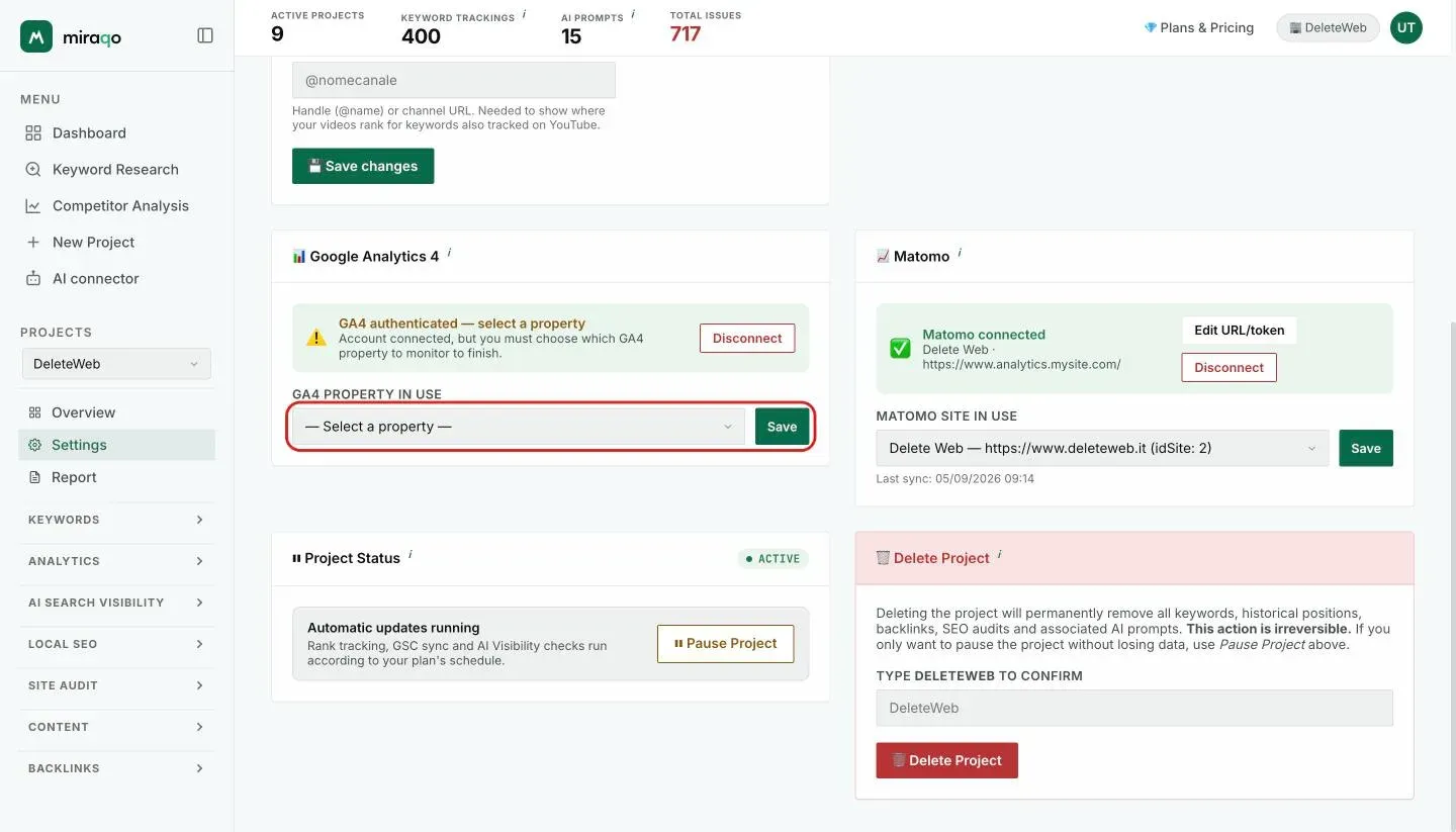 The Google Analytics 4 and Matomo cards after authentication, waiting for the selection: the GA4 property in use dropdown with the highlighted Save button