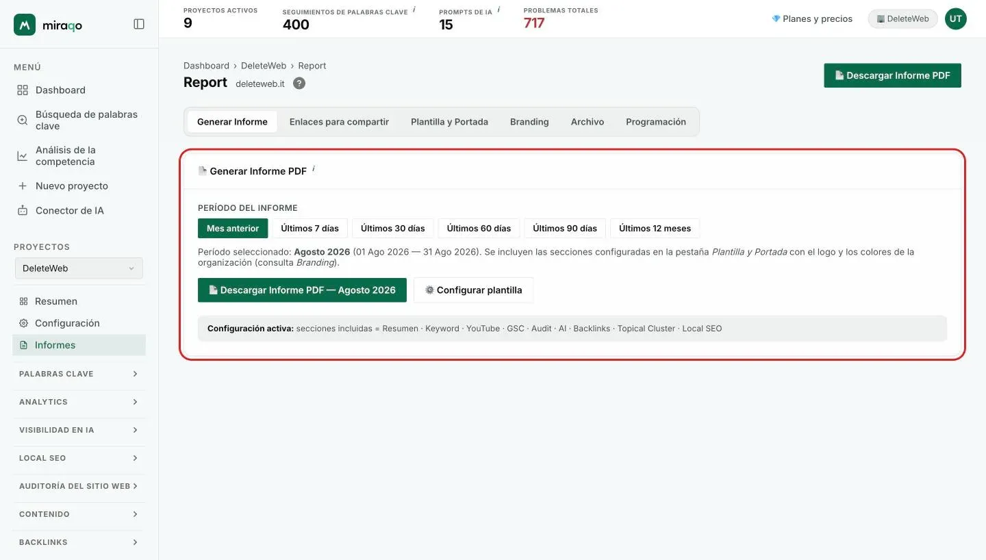 La página Informes de un proyecto con las seis pestañas resaltadas: Generar, Enlaces para compartir, Plantilla y Portada, Branding, Archivo y Programación; debajo, la pestaña Generar con los chips del periodo, el botón Descargar informe PDF y la configuración activa