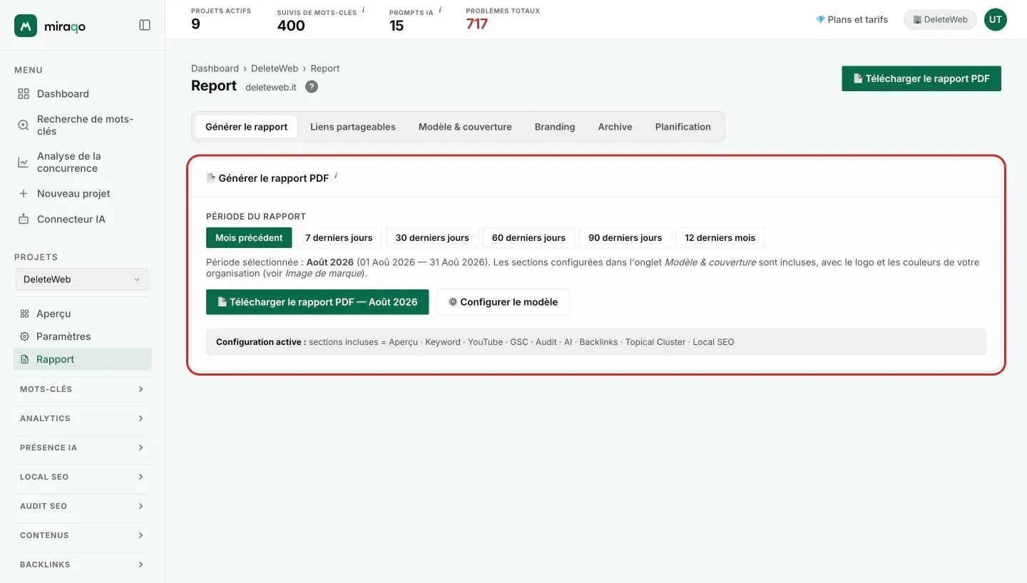 La page Rapport d’un projet avec les six onglets mis en évidence : Générer, Liens partageables, Modèle et couverture, Image de marque, Archive et Planification ; en dessous, l’onglet Générer avec les puces de période, le bouton Télécharger le rapport PDF et la configuration active