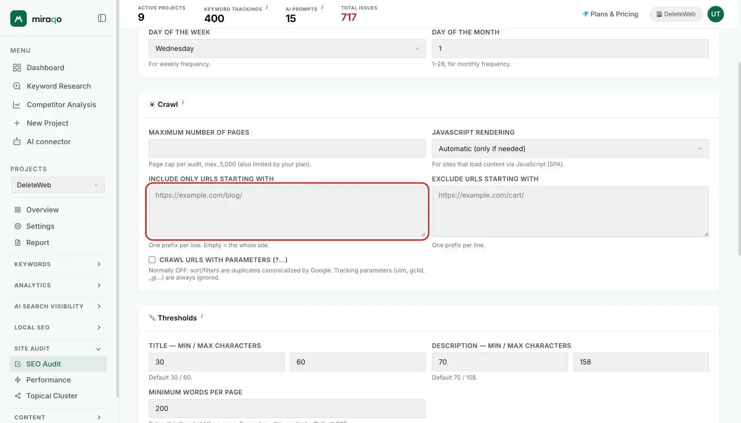 The Crawl card in Audit settings with the Include only URLs starting with box highlighted and a language prefix entered, one prefix per line