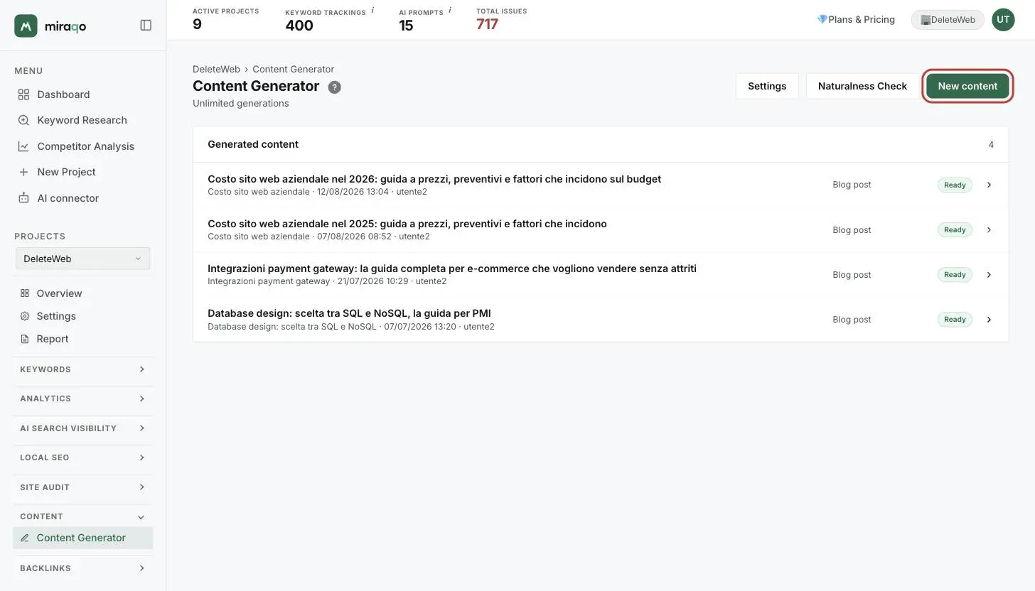 The Content Generator page: the Generated content list with type, date and Ready status for each draft, and in the top right the Settings, Naturalness Check and highlighted New content buttons