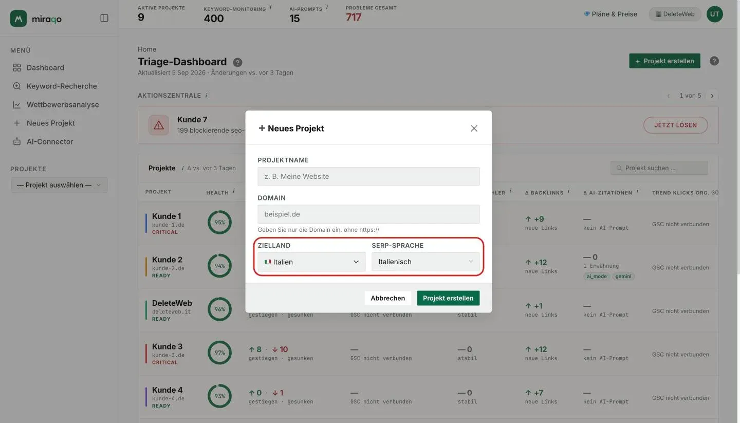 Einstellungen → Allgemein eines Projekts: die hervorgehobenen Felder Zielland und SERP-Sprache, unter Projektname und Domain