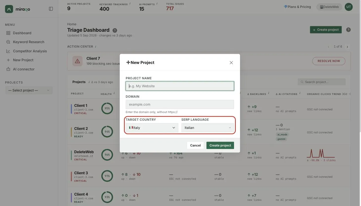Settings → General of a project: the Target country and SERP language fields, highlighted, below Project name and Domain