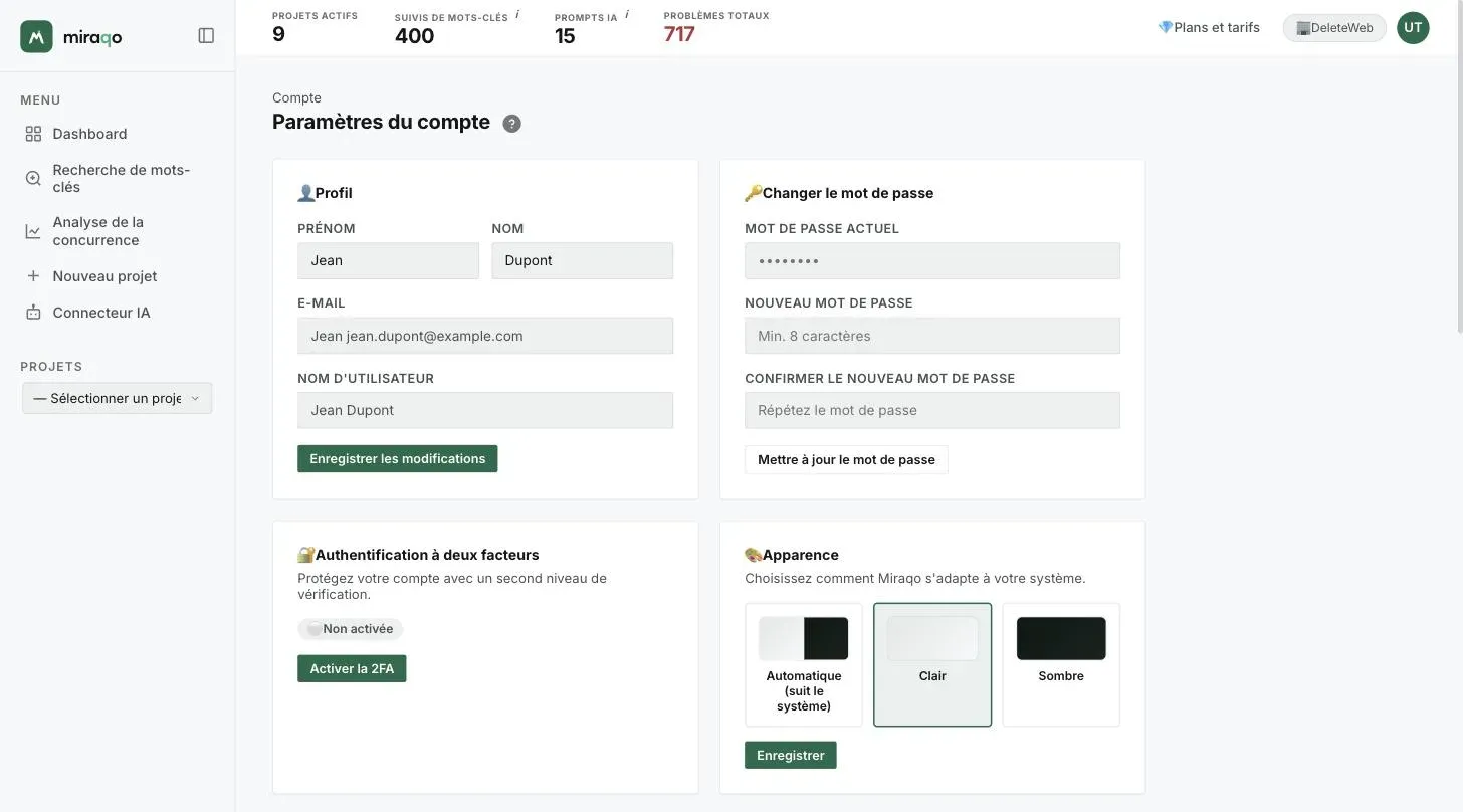 La page Paramètres du compte : la carte Profil mise en évidence avec prénom, nom, e-mail, nom d’utilisateur et Enregistrer les modifications ; à côté la carte Changer le mot de passe avec mot de passe actuel, nouveau et confirmation