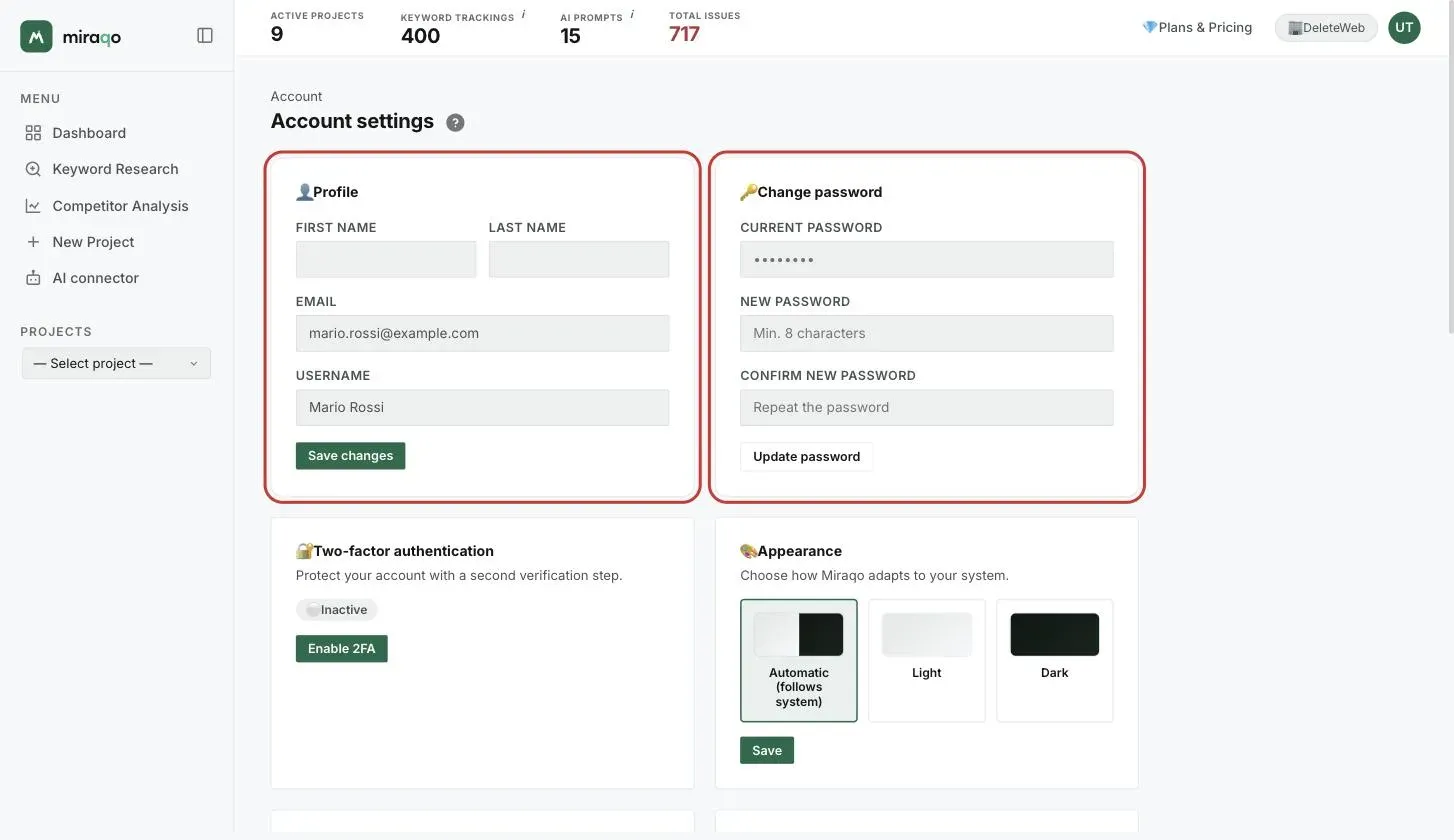 The Account settings page: the Profile card, highlighted, with first name, last name, email, username and Save Changes; next to it, the Change Password card with current, new and confirm password