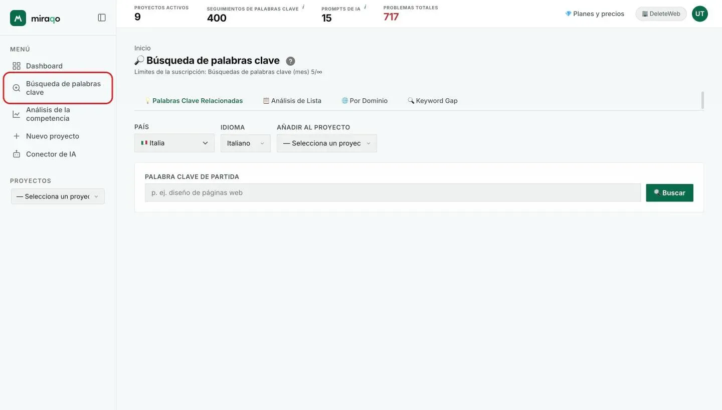 La página Búsqueda de palabras clave: los cuatro modos arriba, los campos País, Idioma y Añadir al proyecto, y el campo Keyword de partida con el botón Buscar