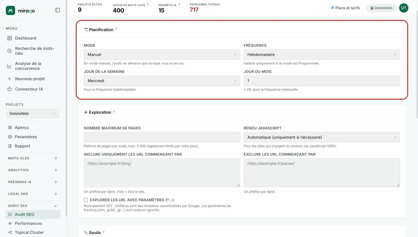 La page Paramètres d’audit avec la carte Planification mise en évidence : les menus Mode et Fréquence, le Jour de la semaine et le Jour du mois