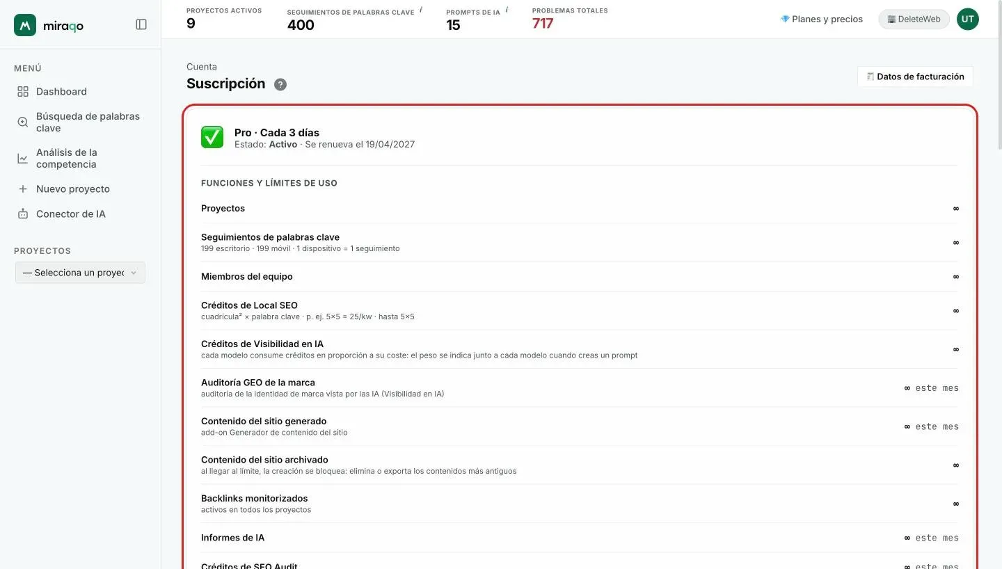 La página Suscripción: la tarjeta de estado con plan, cadencia, estado Activo y fecha de renovación, luego la lista Funciones y límites de uso con una fila por recurso; arriba a la derecha el botón Datos de facturación