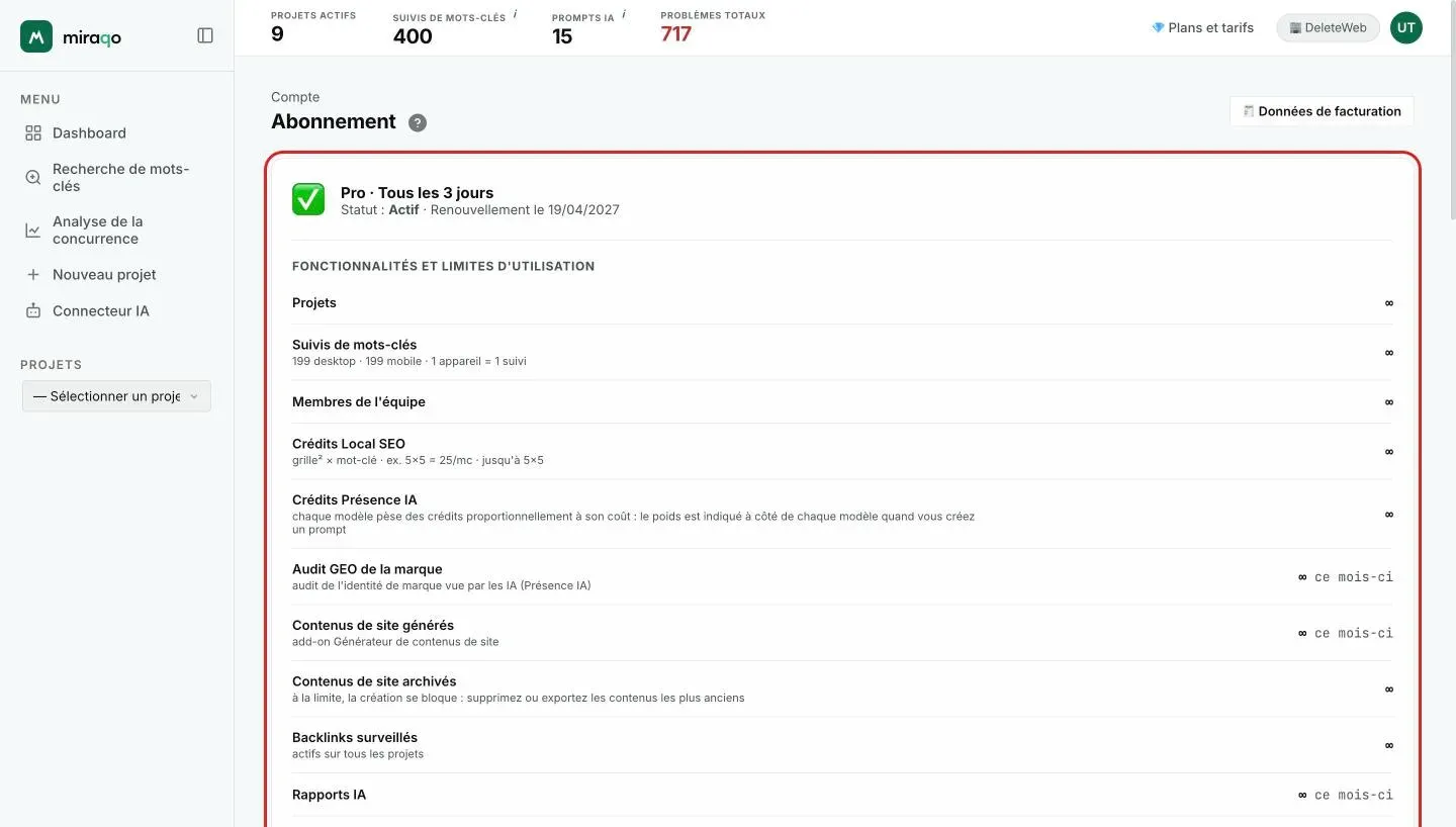 La page Abonnement : la carte d’état avec le plan, la cadence, le statut Actif et la date de renouvellement, puis la liste Fonctionnalités et limites d’utilisation avec une ligne par ressource ; en haut à droite, le bouton Données de facturation