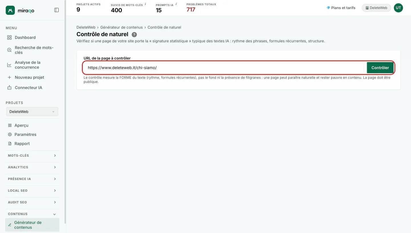 La page Contrôle de naturel : le champ URL de la page à contrôler avec une adresse saisie et le bouton Contrôler