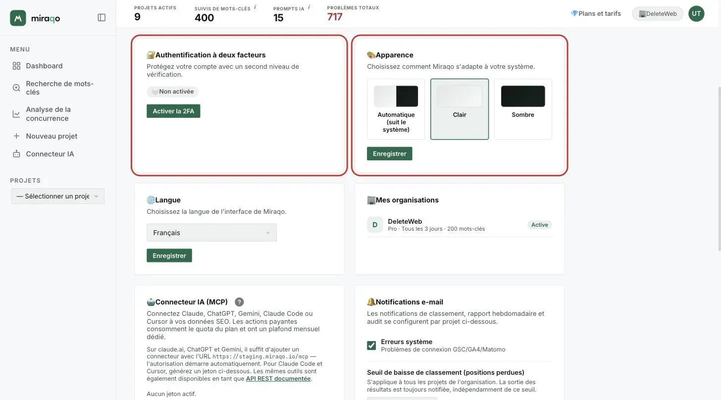 La carte Authentification à deux facteurs mise en évidence, avec le statut Non actif et le bouton Activer la 2FA ; à côté la carte Apparence avec les trois options Automatique, Clair et Sombre