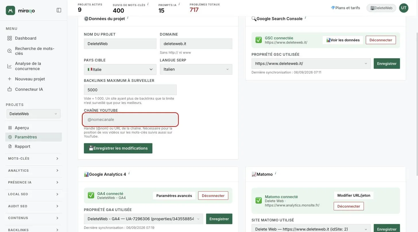 Paramètres → Général, carte Données du projet : le champ Chaîne YouTube mis en évidence, avec la note indiquant qu’il sert à la position des vidéos dans les mots-clés suivis