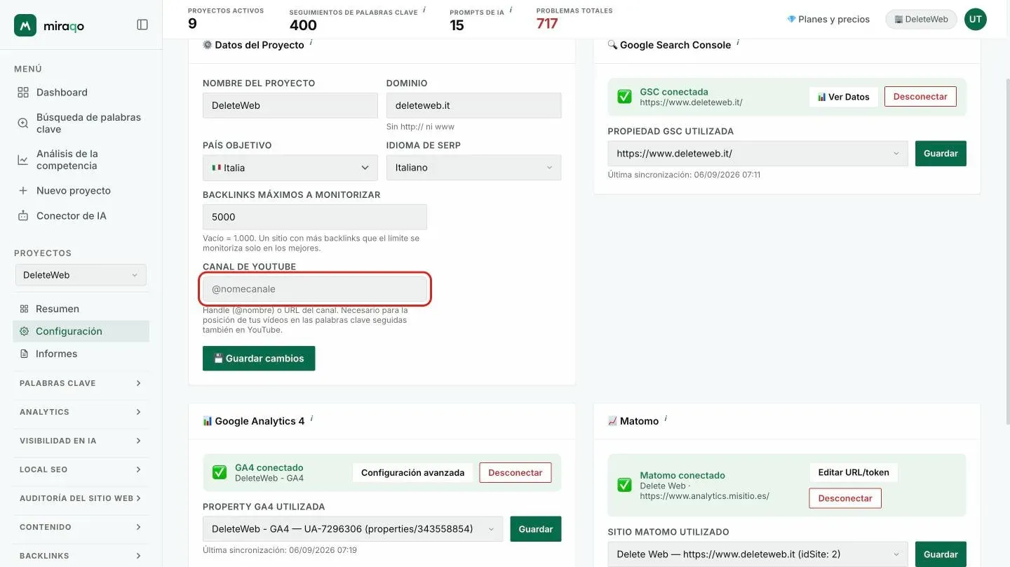 Configuración → General, tarjeta Datos del proyecto: el campo Canal de YouTube resaltado, con la nota de que sirve para la posición de los vídeos en las keywords monitorizadas