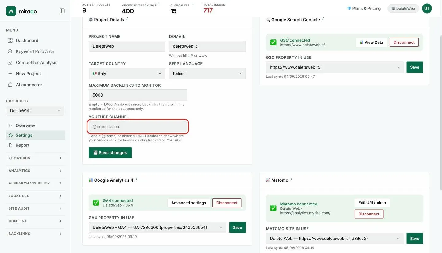 Settings → General, Project Details card: the YouTube channel field, highlighted, with the note that it’s needed for video position on monitored keywords
