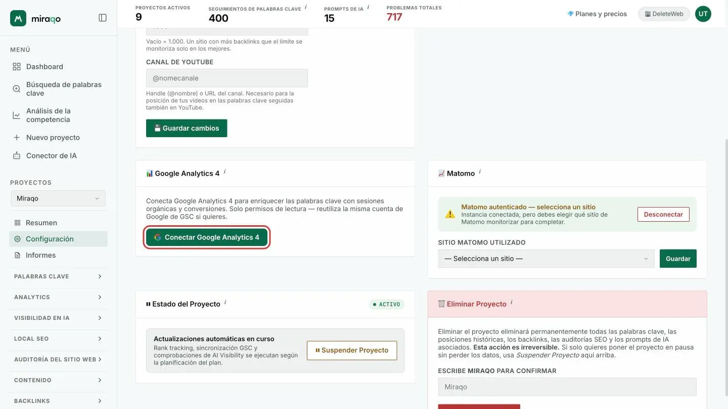 La tarjeta Google Analytics 4 en Configuración → General, antes de conectar, con el botón Conectar Google Analytics 4 resaltado