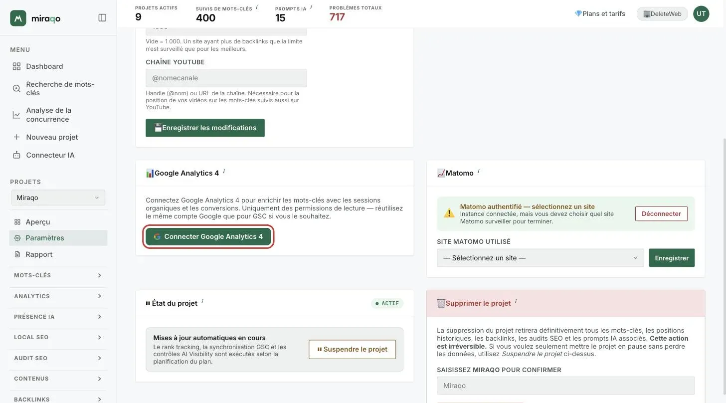 La carte Google Analytics 4 dans Paramètres → Général, avant la connexion, avec le bouton Connecter Google Analytics 4 mis en évidence