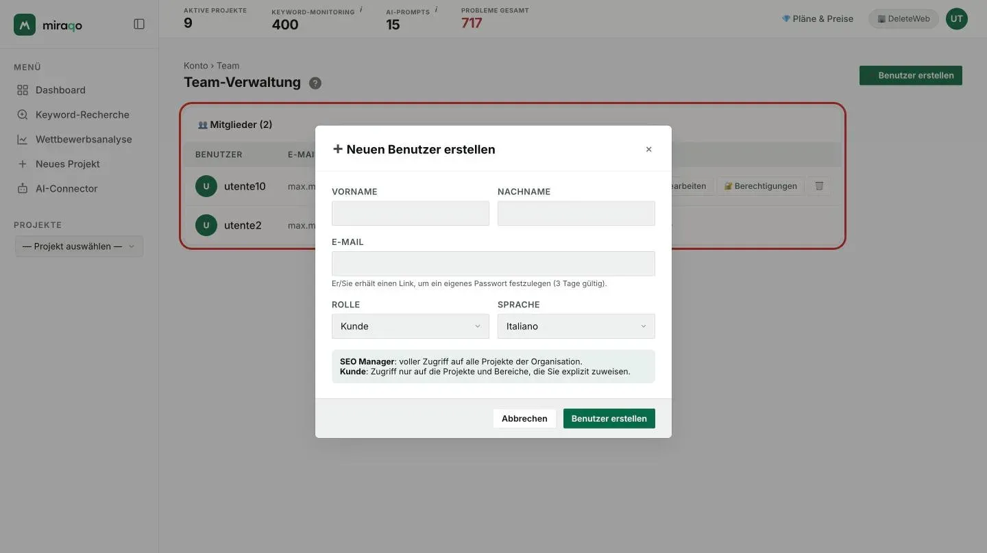 Das Fenster Neuen Benutzer erstellen: Vorname, Nachname, E-Mail mit dem Hinweis auf den 3 Tage gültigen Link, Rolle auf Kunde, Sprache auf Italienisch, die Erklärung der beiden Rollen und die Buttons Abbrechen und Benutzer erstellen