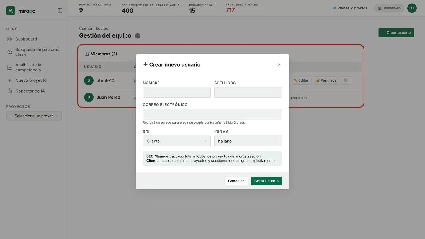 La ventana Crear nuevo usuario: Nombre, Apellidos, Correo con la nota sobre el enlace válido 3 días, Rol en Cliente, Idioma en Italiano, la explicación de los dos roles y los botones Cancelar y Crear usuario
